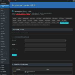 Page screenshot: Developer Debug Tools &rarr; Shortcode Finder