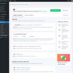 Page screenshot: Settings → Disable Comments