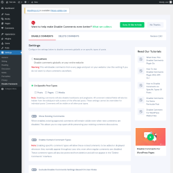 Page screenshot: Settings &rarr; Disable Comments