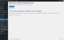 Page screenshot: Tools &rarr; Codestar Framework &rarr; Support