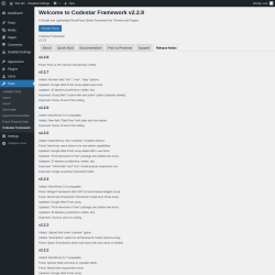 Page screenshot: Tools &rarr; Codestar Framework &rarr; Release Notes