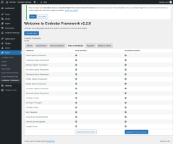 Page screenshot: Tools &rarr; Codestar Framework &rarr; Free vs Premium