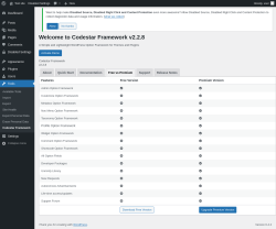 Page screenshot: Tools &rarr; Codestar Framework &rarr; Free vs Premium