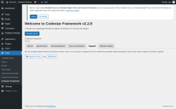 Page screenshot: Tools &rarr; Codestar Framework &rarr; Support