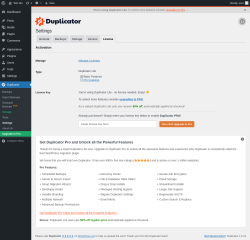 Page screenshot: Duplicator → Settings → 
            License        