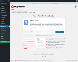 Page screenshot: Duplicator &rarr; Tools &rarr;  DB Reset Plugin