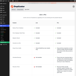 Page screenshot: Duplicator &rarr; About Us &rarr; 
        Lite vs Pro    