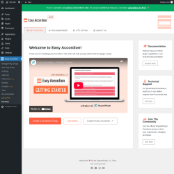 Page screenshot: Easy Accordion Help &lsaquo; Test site &mdash; WordPress