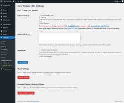 Page screenshot: Easy Critical CSS Settings ‹ Test site — WordPress