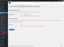 Page screenshot: Elementor &rarr; Tools &rarr; Version Control