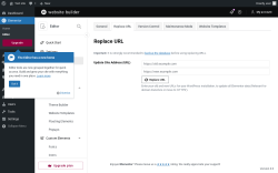 Page screenshot: Elementor &rarr; Editor &rarr; Tools &rarr; Replace URL