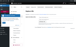 Page screenshot: Elementor &rarr; Editor &rarr; Tools &rarr; Replace URL