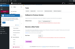 Page screenshot: Elementor &rarr; Editor &rarr; Tools &rarr; Version Control