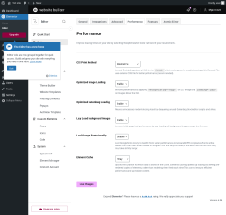 Page screenshot: Elementor &rarr; Editor &rarr; Settings &rarr; Performance