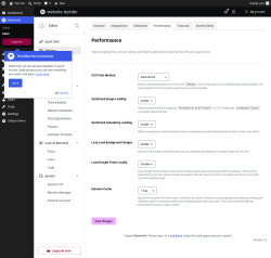 Page screenshot: Elementor &rarr; Editor &rarr; Settings &rarr; Performance