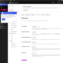 Page screenshot: Elementor &rarr; Editor &rarr; Settings &rarr; Performance