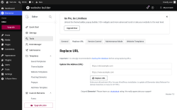 Page screenshot: Elementor &rarr; Editor &rarr; Tools &rarr; Replace URL