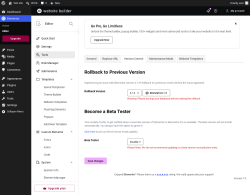 Page screenshot: Elementor &rarr; Editor &rarr; Tools &rarr; Version Control