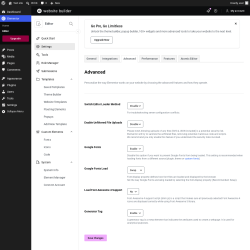 Page screenshot: Elementor &rarr; Editor &rarr; Settings &rarr; Advanced