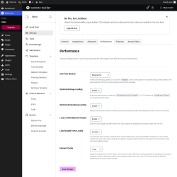 Page screenshot: Elementor &rarr; Editor &rarr; Settings &rarr; Performance