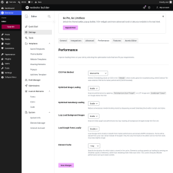 Page screenshot: Elementor &rarr; Editor &rarr; Settings &rarr; Performance