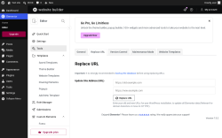 Page screenshot: Elementor &rarr; Editor &rarr; Tools &rarr; Replace URL