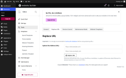 Page screenshot: Elementor &rarr; Editor &rarr; Tools &rarr; Replace URL