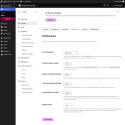 Page screenshot: Elementor &rarr; Editor &rarr; Settings &rarr; Performance