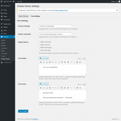 Page screenshot: Settings &rarr; Embed Sendy &rarr; Form Settings