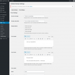 Page screenshot: Settings &rarr; Embed Sendy &rarr; Form Settings
