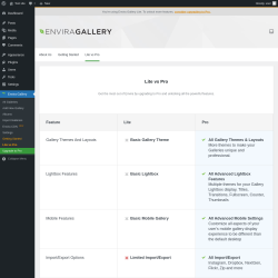 Page screenshot: Envira Gallery →  Lite vs Pro