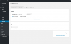 Page screenshot: Settings  &rarr; 301 Redirects &rarr; Import/Export Redirect Rules