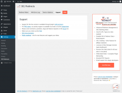 Page screenshot: Settings &rarr; 301 Redirects &rarr; Support