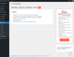 Page screenshot: Settings &rarr; 301 Redirects &rarr; Support