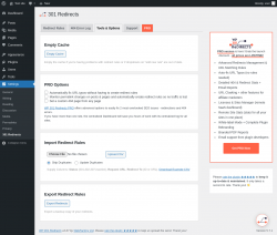 Page screenshot: Settings &rarr; 301 Redirects &rarr; Tools & Options