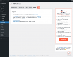 Page screenshot: Settings &rarr; 301 Redirects &rarr; Support