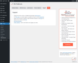 Page screenshot: Settings → 301 Redirects → Support