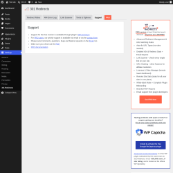 Page screenshot: Settings &rarr; 301 Redirects &rarr; Support