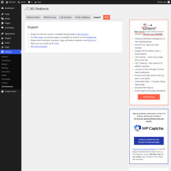 Page screenshot: Settings &rarr; 301 Redirects &rarr; Support
