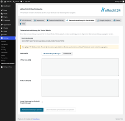 Page screenshot: Settings &rarr; eRecht24 Rechtstexte &rarr;  Datenschutzerkl&auml;rung f&uuml;r Social Media