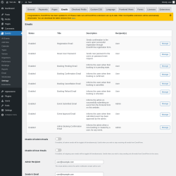 Page screenshot: Events → Settings → Emails