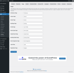 Page screenshot: EventPrime → Settings → Pages
