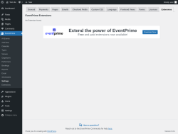 Page screenshot: EventPrime → Settings → Extensions