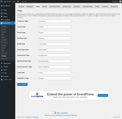Page screenshot: EventPrime → Settings → Pages