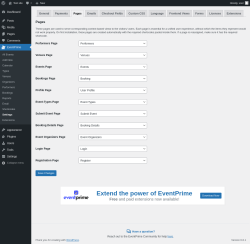 Page screenshot: EventPrime → Settings → Pages
