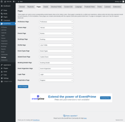 Page screenshot: EventPrime → Settings → Pages