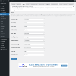 Page screenshot: EventPrime → Settings → Pages