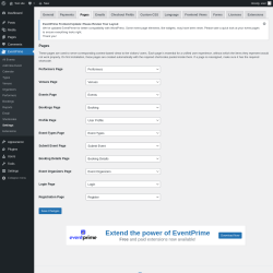 Page screenshot: EventPrime → Settings → Pages