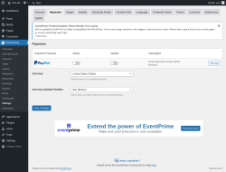 Page screenshot: EventPrime → Settings → Payments