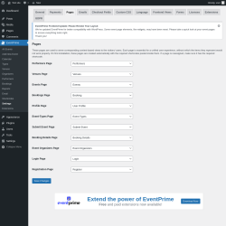Page screenshot: EventPrime → Settings → Pages